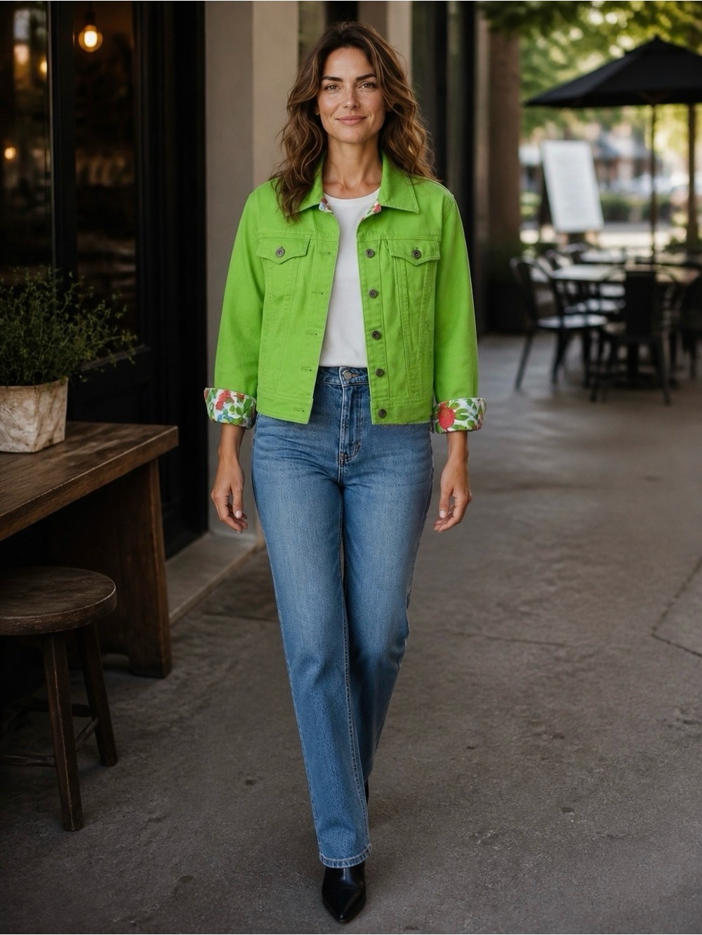 Liz Claiborne Lime Green Button Front Denim Style Jacket Floral Trim Size S